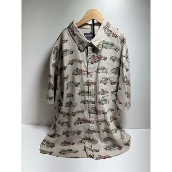 Vtg Woolrich Button Up Men’s Shirt XL Vintage Cars Beachy Summer Dad BBQ - Picture 1 of 9